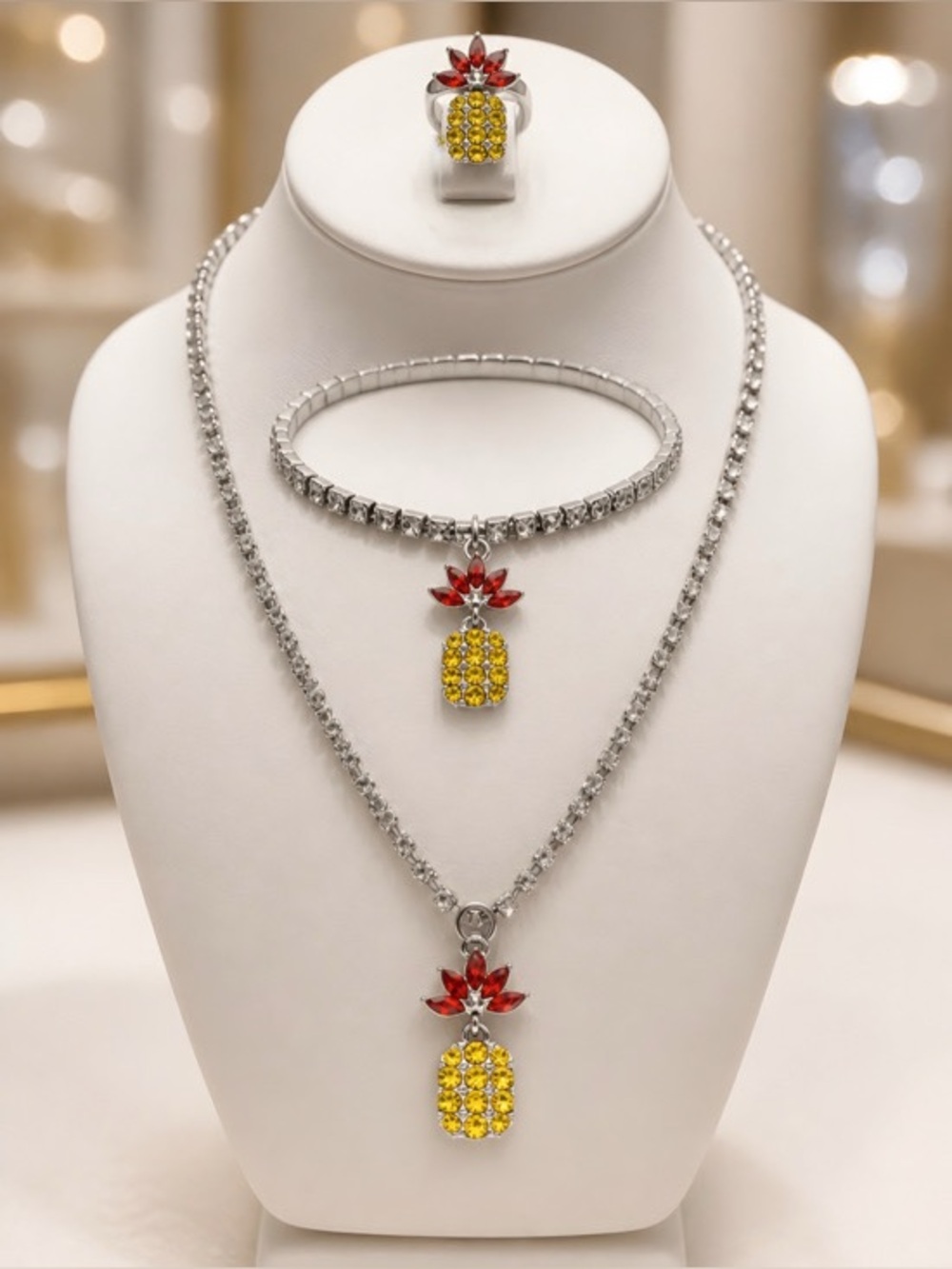 Silver-tone Pineapple Crystal Pendant Necklace, Bracelet & Ring Set Yellow & Red